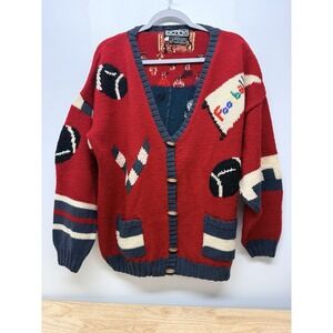 Vintage Berek Hand Knit Wool Football Cheerleader Cardigan Sweater Large 3D #65